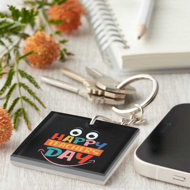 Colourful Happy Teachers Day Funny Face Key Ring (Front Right)