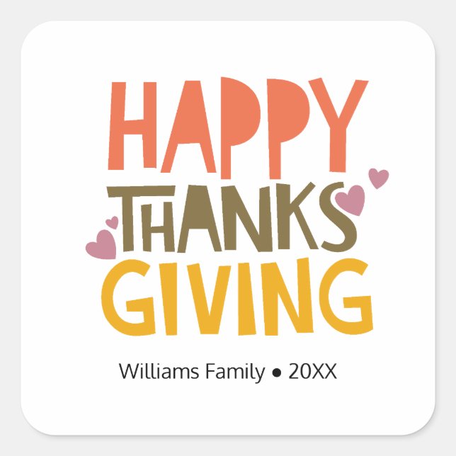 Colourful Happy Thanksgiving Day Personalised Name Square Sticker (Front)