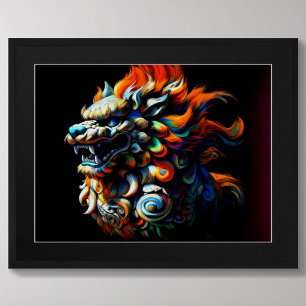 Colourful Hard Pastel Drawing Chinese Foo Dog Poster