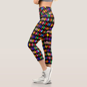 Colourful Harlequin Diamonds Design Black Capri Leggings