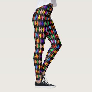 Colourful Harlequin Diamonds Design Black Leggings