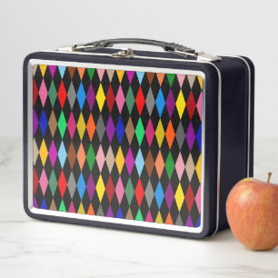Colourful Harlequin Diamonds Design Black Metal Lunch Box