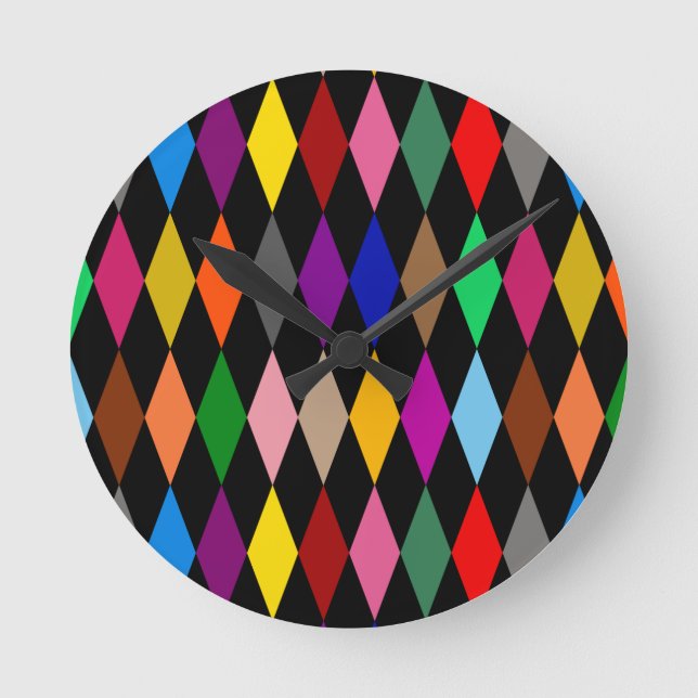 Colourful Harlequin Diamonds Design Black  Round Clock (Front)