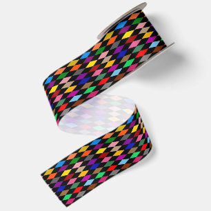 Colourful Harlequin Diamonds Design Black Satin Ribbon