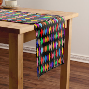 Colourful Harlequin Diamonds Design Black  Short Table Runner