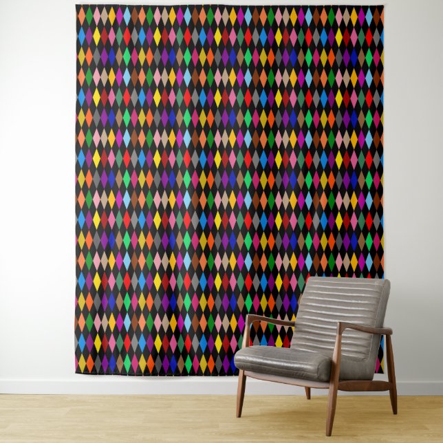 Colourful Harlequin Diamonds Design Black  Tapestry (In Situ)