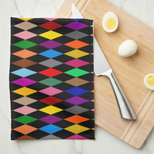 Colourful Harlequin Diamonds Design Black Tea Towel
