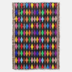 Colourful Harlequin Diamonds Design Black Throw Blanket