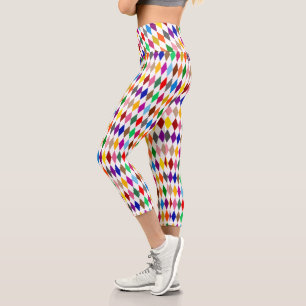 Colourful Harlequin Diamonds Design White Capri Leggings