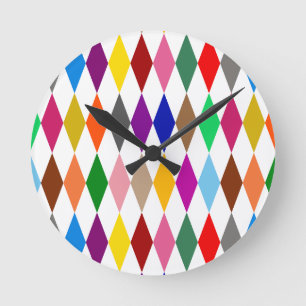 Colourful Harlequin Diamonds Design White Round Clock