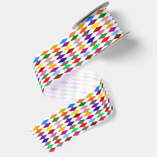 Colourful Harlequin Diamonds Design White  Satin Ribbon