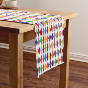 Colourful Harlequin Diamonds Design White  Short Table Runner