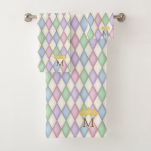 Colourful Harlequin Print Monogram With Crown Bath Towel Set