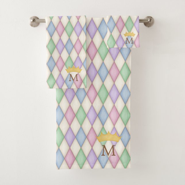 Colourful Harlequin Print Monogram With Crown Bath Towel Set (Insitu)