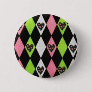 Colourful Harlequin Print with Rose Hearts 6 Cm Round Badge