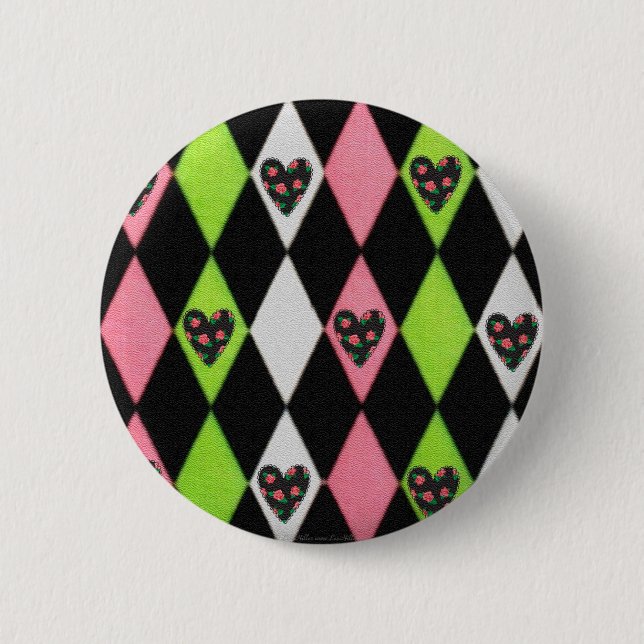 Colourful Harlequin Print with Rose Hearts 6 Cm Round Badge (Front)