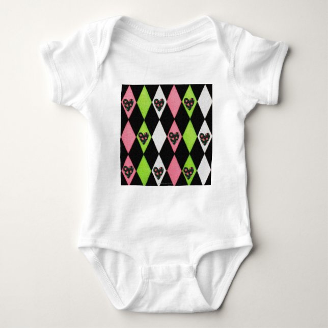 Colourful Harlequin Print with Rose Hearts Baby Bodysuit (Front)