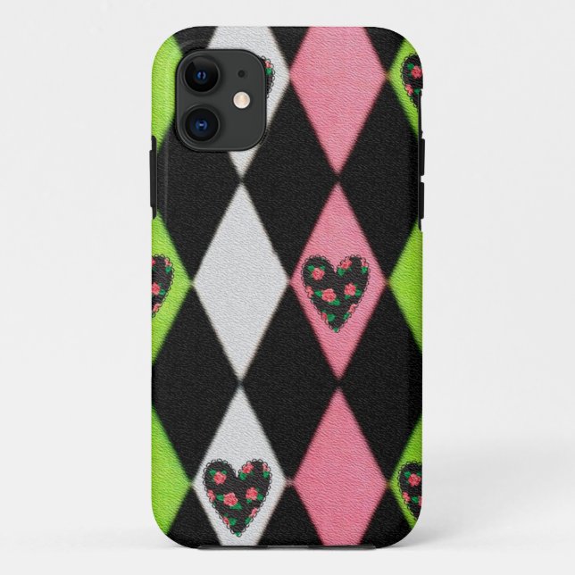 Colourful Harlequin Print with Rose Hearts Case-Mate iPhone Case (Back)