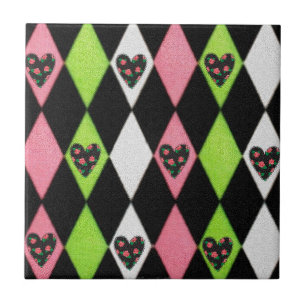 Colourful Harlequin Print with Rose Hearts Ceramic Tile