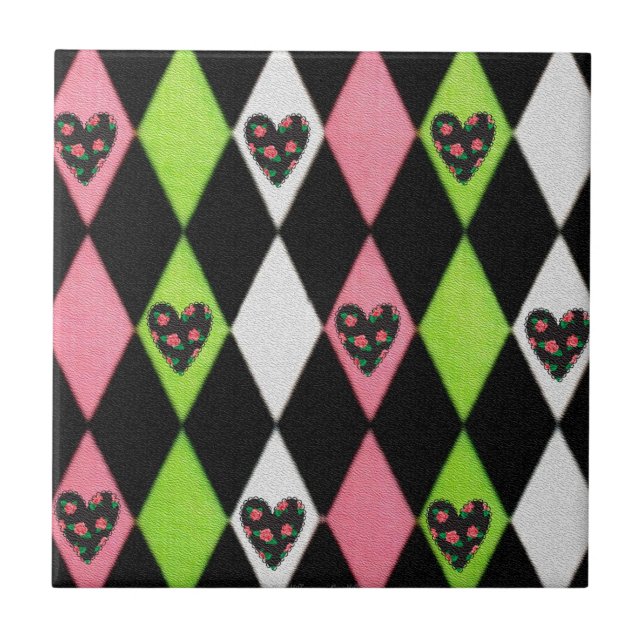 Colourful Harlequin Print with Rose Hearts Ceramic Tile (Front)