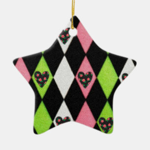Colourful Harlequin Print with Rose Hearts Ceramic Tree Decoration