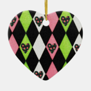 Colourful Harlequin Print with Rose Hearts Ceramic Tree Decoration