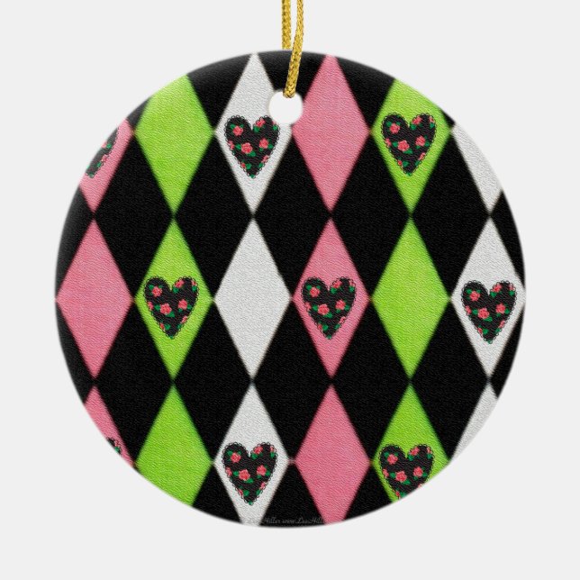 Colourful Harlequin Print with Rose Hearts Ceramic Tree Decoration (Front)
