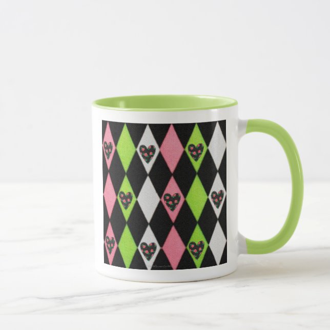 Colourful Harlequin Print with Rose Hearts Coffee  Mug (Right)