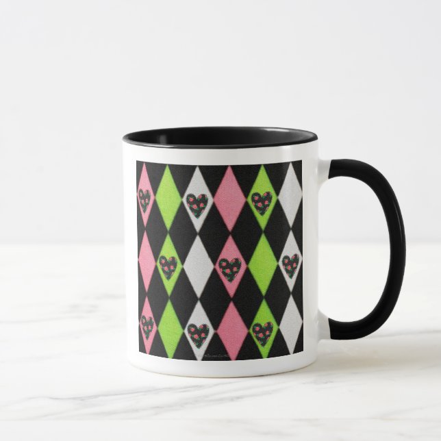 Colourful Harlequin Print with Rose Hearts Coffee  Mug (Right)