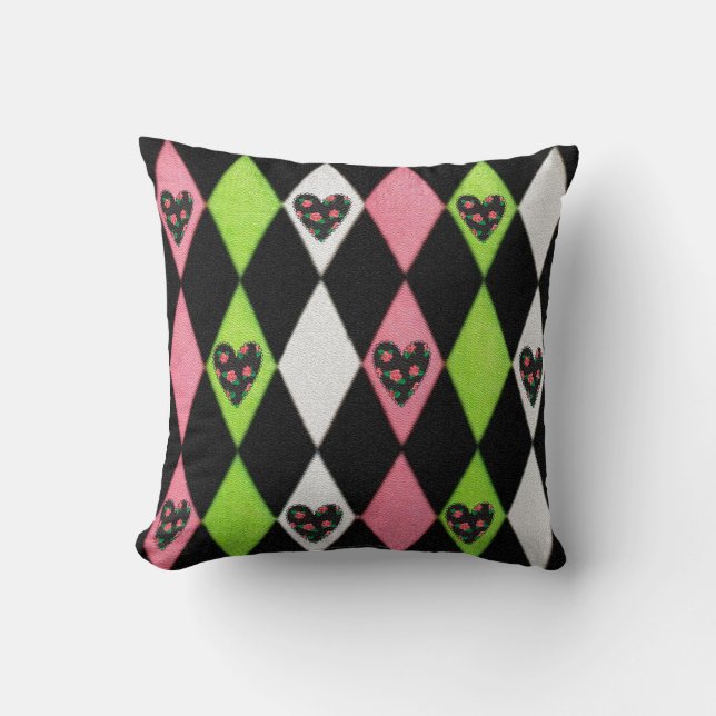 Colourful Harlequin Print with Rose Hearts Cushion (Front)