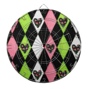 Colourful Harlequin Print with Rose Hearts Dartboard