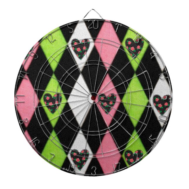 Colourful Harlequin Print with Rose Hearts Dartboard (Front)
