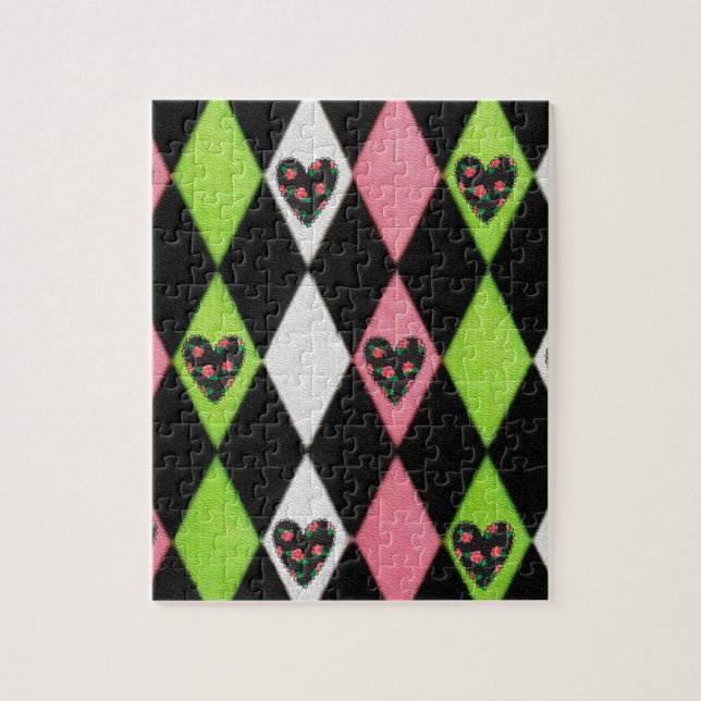 Colourful Harlequin Print with Rose Hearts Jigsaw Puzzle (Vertical)