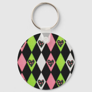 Colourful Harlequin Print with Rose Hearts Key Ring