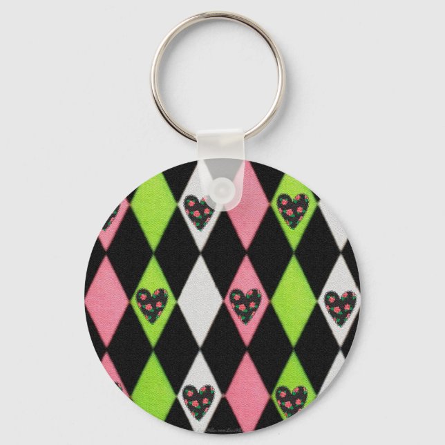 Colourful Harlequin Print with Rose Hearts Key Ring (Front)