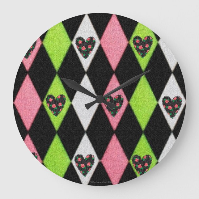 Colourful Harlequin Print with Rose Hearts Large Clock (Front)