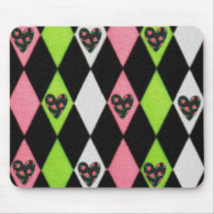 Colourful Harlequin Print with Rose Hearts Mouse Pad