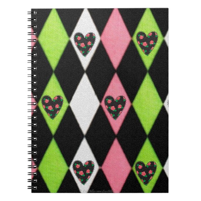 Colourful Harlequin Print with Rose Hearts Notebook (Front)