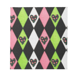 Colourful Harlequin Print with Rose Hearts Notepad