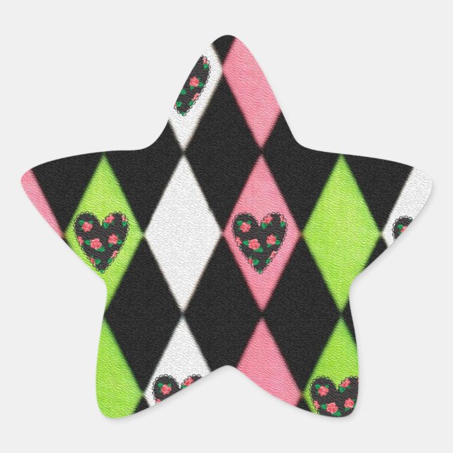 Colourful Harlequin Print with Rose Hearts Star Sticker (Front)