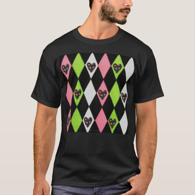 Colourful Harlequin Print with Rose Hearts T-Shirt (Front)