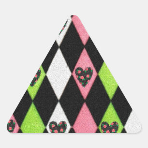 Colourful Harlequin Print with Rose Hearts Triangle Sticker