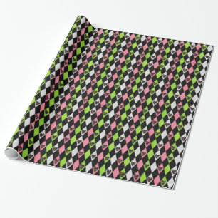 Colourful Harlequin Print with Rose Hearts Wrapping Paper