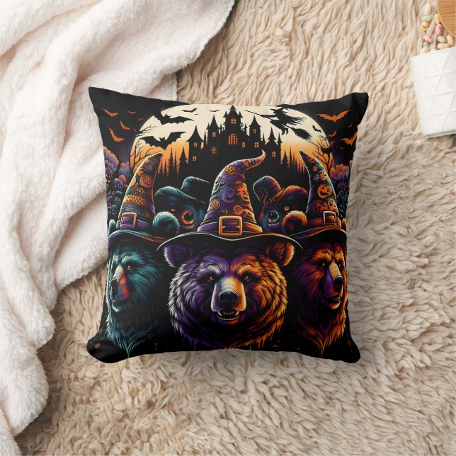 Colourful hat bears by spooky castle cushion (Blanket)