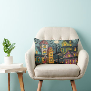 Colourful haunted houses for the halloween lumbar cushion
