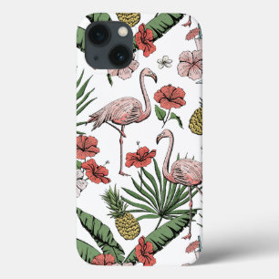 Colourful Hawaiian Floral Pink Flamingo iPhone 13 Case