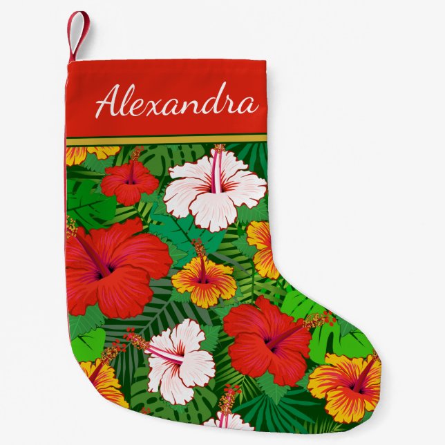 Colourful Hawaiian Hibiscus Flowers Monogram Name Small Christmas Stocking (Front)