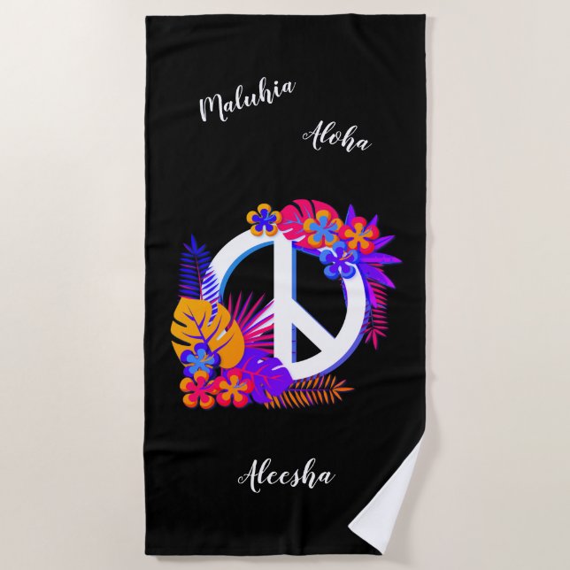 Colourful Hawaiian Peace, Love, Your Name Black Beach Towel (Front)