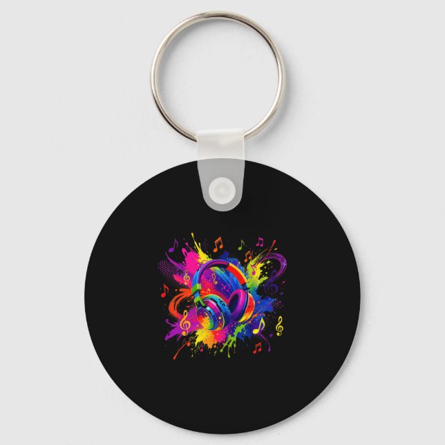 Colourful headphones with musical notes artwork  key ring (Front)
