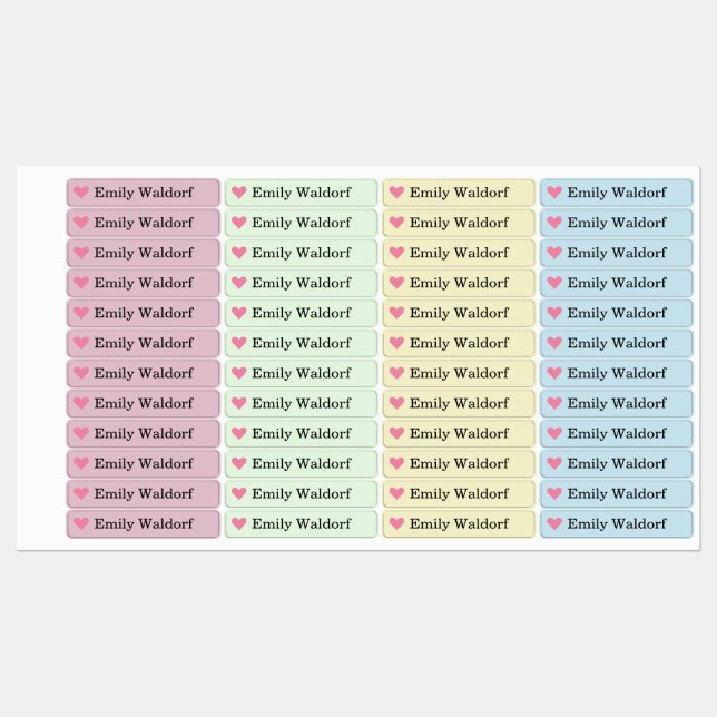 Colourful Heart Kids' Name Clothing School Labels (Sheet)